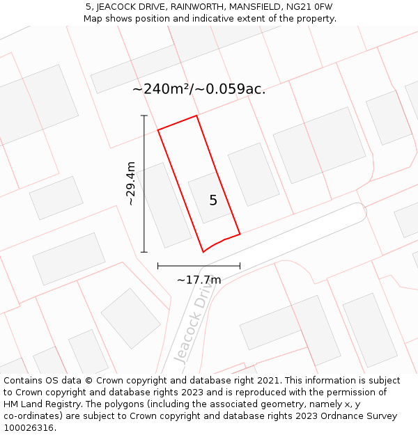 5, JEACOCK DRIVE, RAINWORTH, MANSFIELD, NG21 0FW: Plot and title map