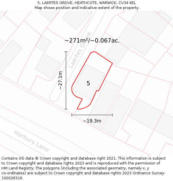 5, LAERTES GROVE, HEATHCOTE, WARWICK, CV34 6EL: Plot and title map