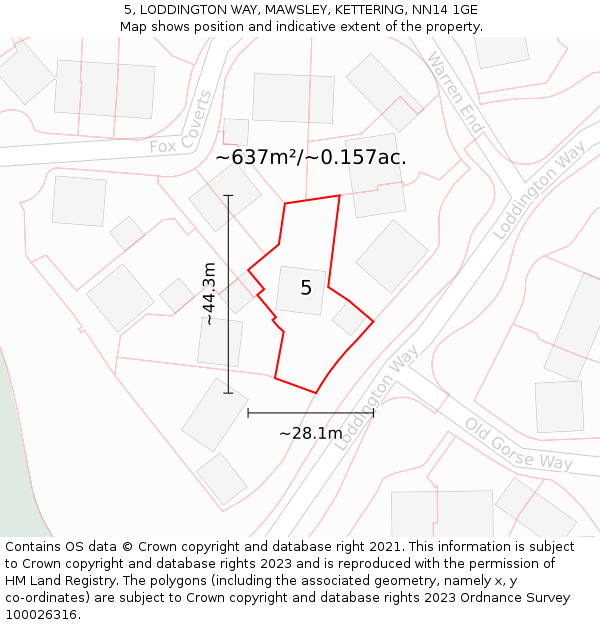 5, LODDINGTON WAY, MAWSLEY, KETTERING, NN14 1GE: Plot and title map