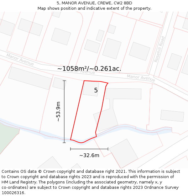 5, MANOR AVENUE, CREWE, CW2 8BD: Plot and title map