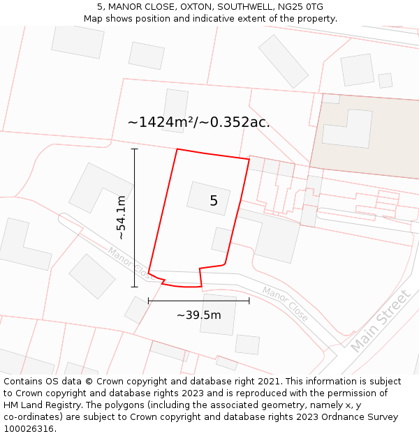 5, MANOR CLOSE, OXTON, SOUTHWELL, NG25 0TG: Plot and title map