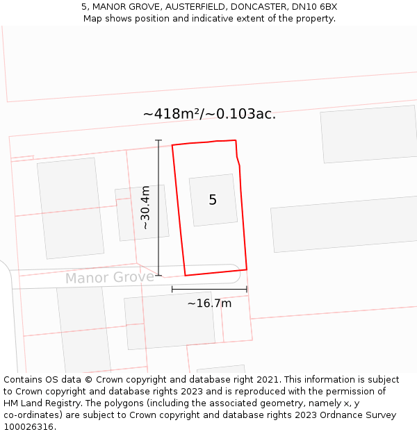 5, MANOR GROVE, AUSTERFIELD, DONCASTER, DN10 6BX: Plot and title map