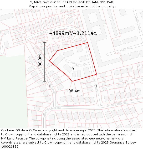 5, MARLOWE CLOSE, BRAMLEY, ROTHERHAM, S66 1WB: Plot and title map