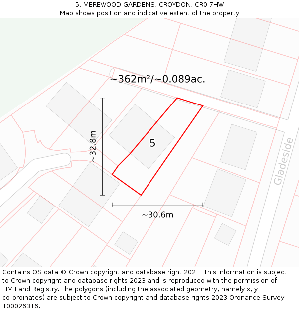 5, MEREWOOD GARDENS, CROYDON, CR0 7HW: Plot and title map