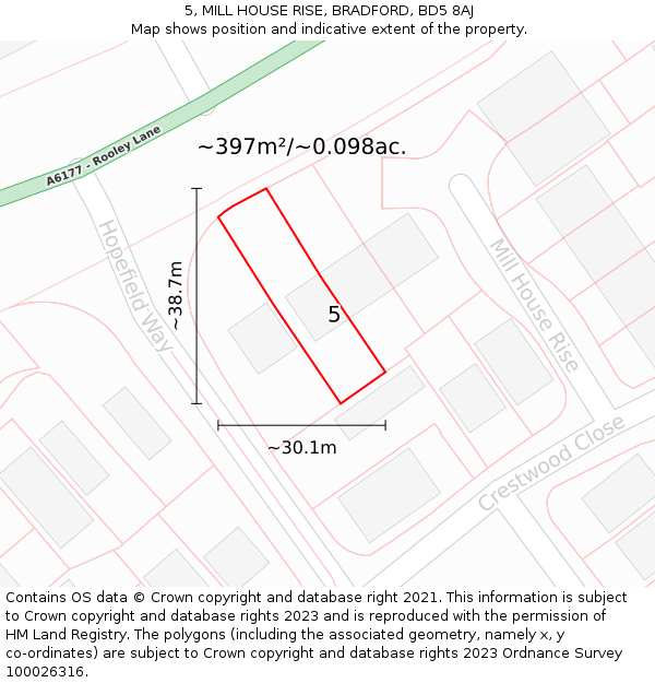 5, MILL HOUSE RISE, BRADFORD, BD5 8AJ: Plot and title map