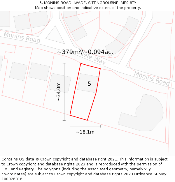 5, MONINS ROAD, IWADE, SITTINGBOURNE, ME9 8TY: Plot and title map