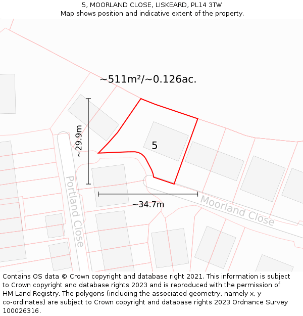 5, MOORLAND CLOSE, LISKEARD, PL14 3TW: Plot and title map