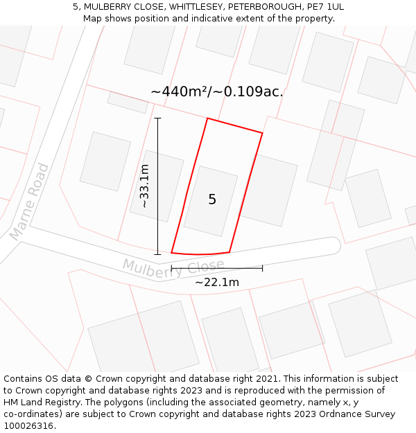 5, MULBERRY CLOSE, WHITTLESEY, PETERBOROUGH, PE7 1UL: Plot and title map