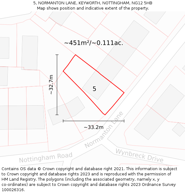 5, NORMANTON LANE, KEYWORTH, NOTTINGHAM, NG12 5HB: Plot and title map