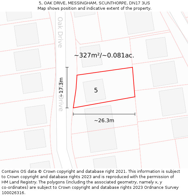 5, OAK DRIVE, MESSINGHAM, SCUNTHORPE, DN17 3US: Plot and title map