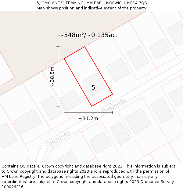 5, OAKLANDS, FRAMINGHAM EARL, NORWICH, NR14 7QS: Plot and title map