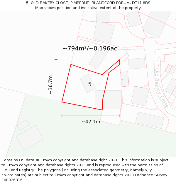 5, OLD BAKERY CLOSE, PIMPERNE, BLANDFORD FORUM, DT11 8BS: Plot and title map