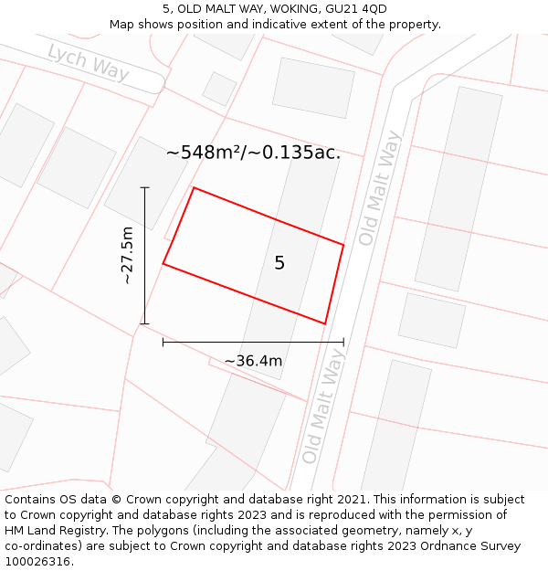 5, OLD MALT WAY, WOKING, GU21 4QD: Plot and title map