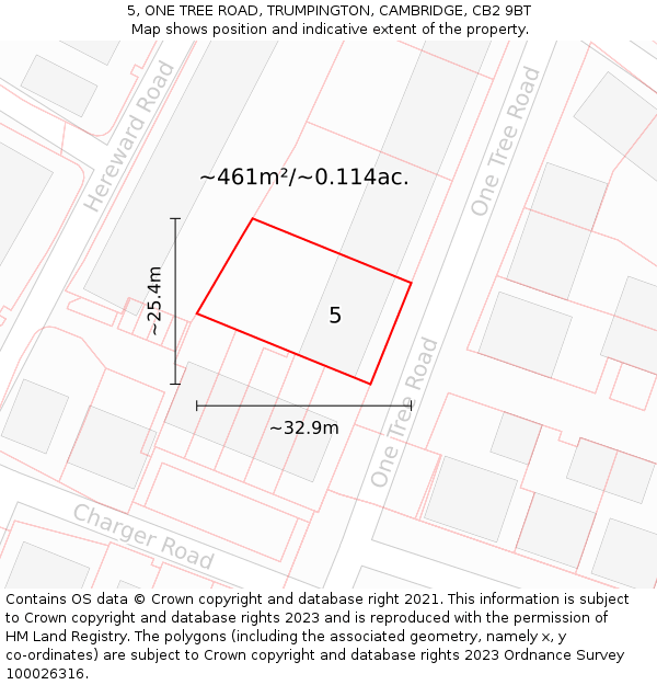 5, ONE TREE ROAD, TRUMPINGTON, CAMBRIDGE, CB2 9BT: Plot and title map