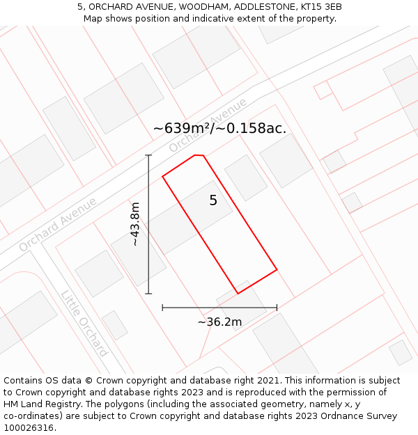 5, ORCHARD AVENUE, WOODHAM, ADDLESTONE, KT15 3EB: Plot and title map