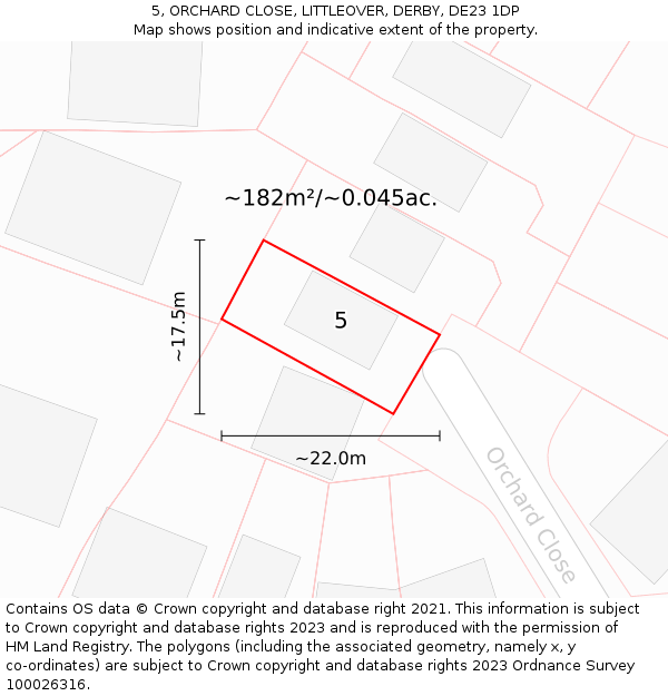 5, ORCHARD CLOSE, LITTLEOVER, DERBY, DE23 1DP: Plot and title map