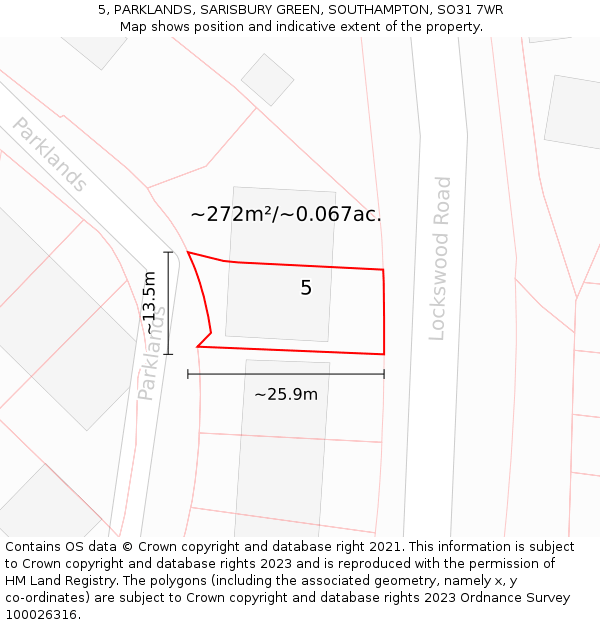 5, PARKLANDS, SARISBURY GREEN, SOUTHAMPTON, SO31 7WR: Plot and title map