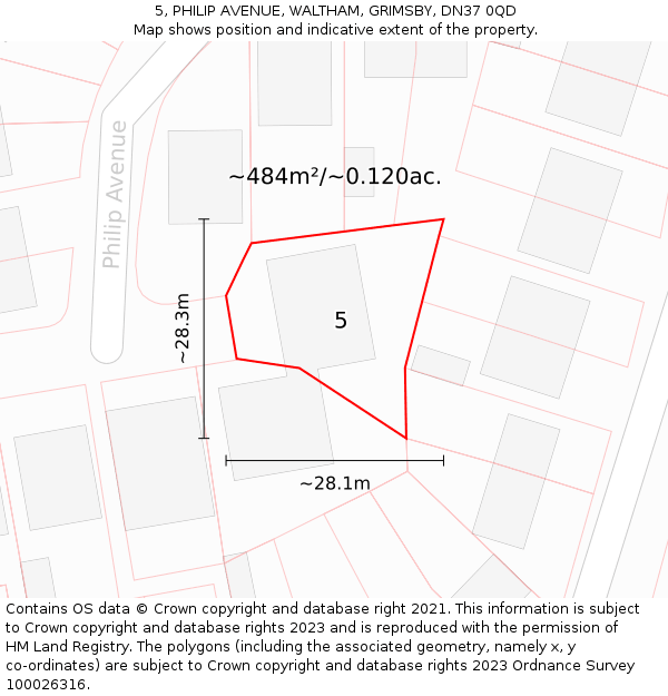 5, PHILIP AVENUE, WALTHAM, GRIMSBY, DN37 0QD: Plot and title map