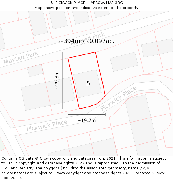 5, PICKWICK PLACE, HARROW, HA1 3BG: Plot and title map