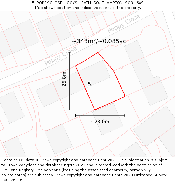 5, POPPY CLOSE, LOCKS HEATH, SOUTHAMPTON, SO31 6XS: Plot and title map