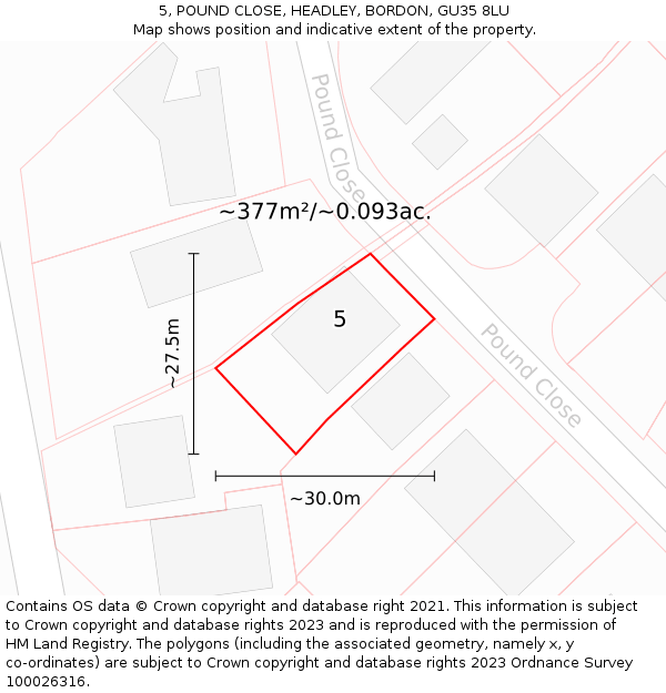 5, POUND CLOSE, HEADLEY, BORDON, GU35 8LU: Plot and title map