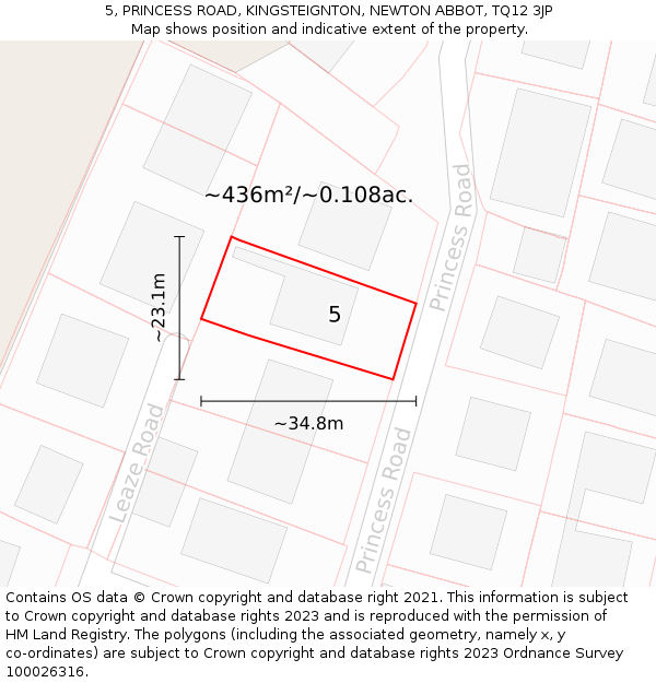 5, PRINCESS ROAD, KINGSTEIGNTON, NEWTON ABBOT, TQ12 3JP: Plot and title map