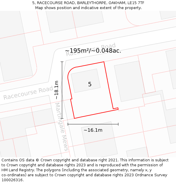 5, RACECOURSE ROAD, BARLEYTHORPE, OAKHAM, LE15 7TF: Plot and title map