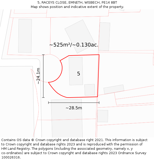 5, RACEYS CLOSE, EMNETH, WISBECH, PE14 8BT: Plot and title map