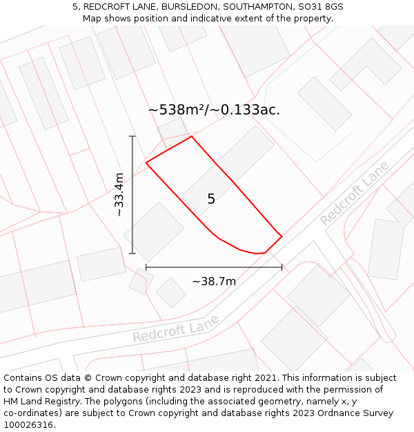 5, REDCROFT LANE, BURSLEDON, SOUTHAMPTON, SO31 8GS: Plot and title map