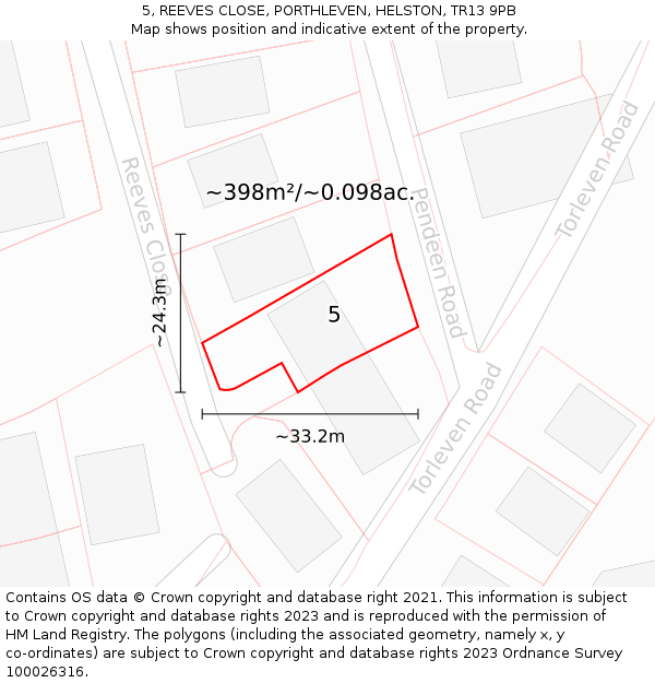 5, REEVES CLOSE, PORTHLEVEN, HELSTON, TR13 9PB: Plot and title map