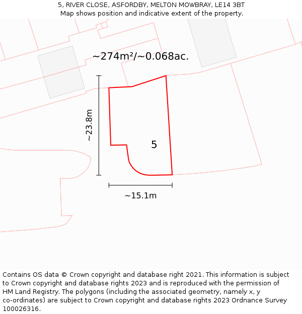 5, RIVER CLOSE, ASFORDBY, MELTON MOWBRAY, LE14 3BT: Plot and title map