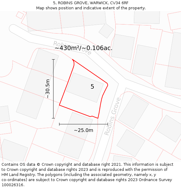 5, ROBINS GROVE, WARWICK, CV34 6RF: Plot and title map