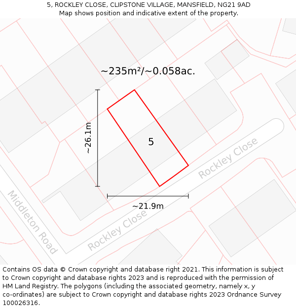 5, ROCKLEY CLOSE, CLIPSTONE VILLAGE, MANSFIELD, NG21 9AD: Plot and title map