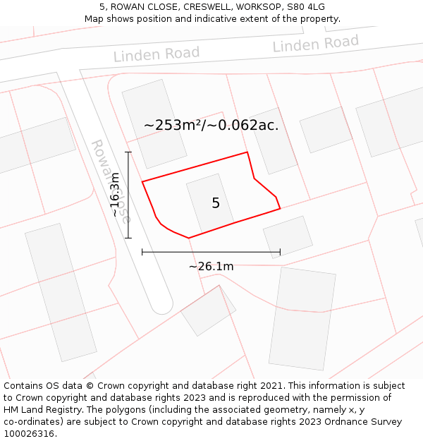 5, ROWAN CLOSE, CRESWELL, WORKSOP, S80 4LG: Plot and title map