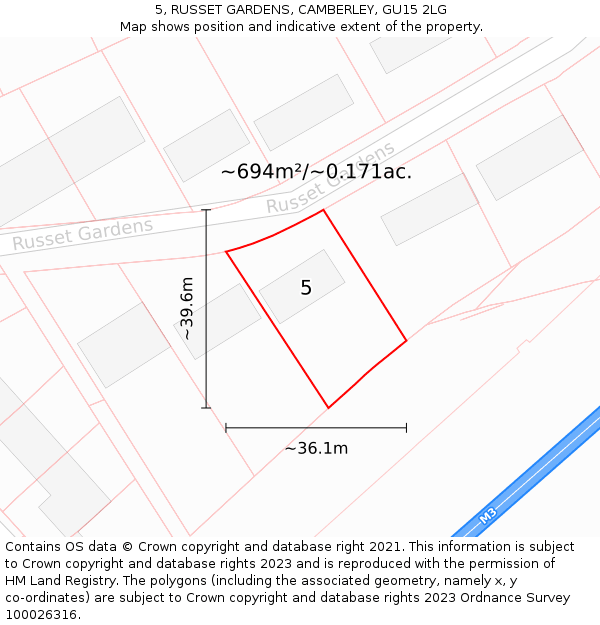 5, RUSSET GARDENS, CAMBERLEY, GU15 2LG: Plot and title map