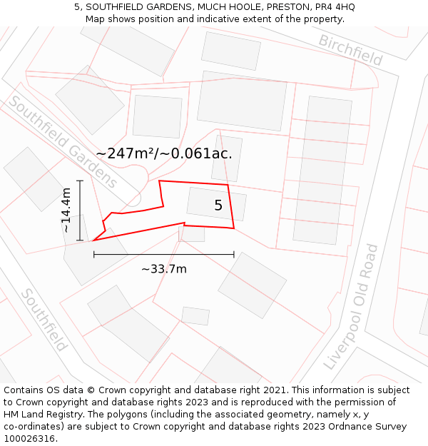 5, SOUTHFIELD GARDENS, MUCH HOOLE, PRESTON, PR4 4HQ: Plot and title map