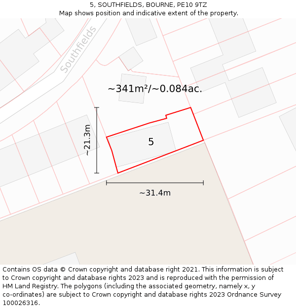 5, SOUTHFIELDS, BOURNE, PE10 9TZ: Plot and title map