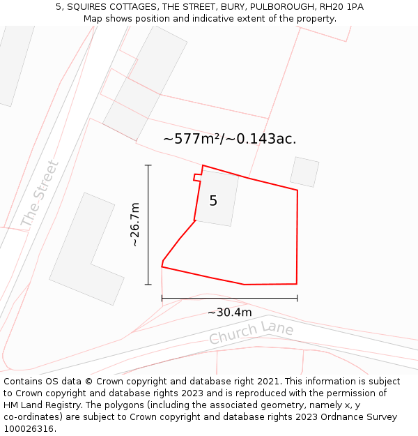 5, SQUIRES COTTAGES, THE STREET, BURY, PULBOROUGH, RH20 1PA: Plot and title map