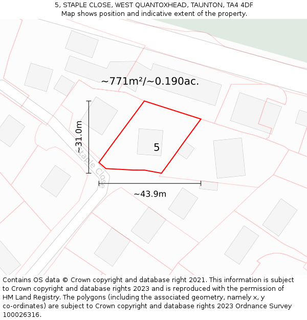 5, STAPLE CLOSE, WEST QUANTOXHEAD, TAUNTON, TA4 4DF: Plot and title map