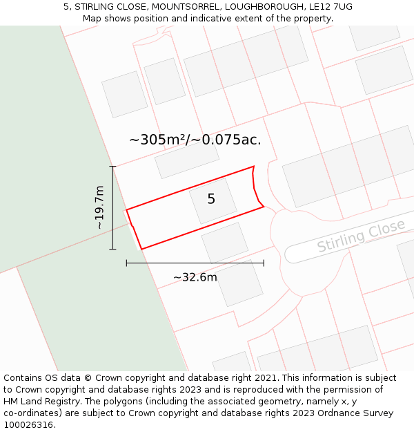 5, STIRLING CLOSE, MOUNTSORREL, LOUGHBOROUGH, LE12 7UG: Plot and title map