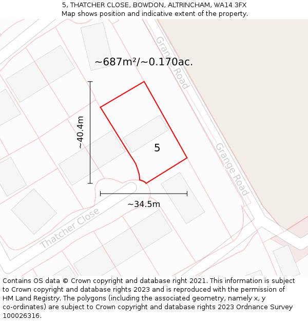 5, THATCHER CLOSE, BOWDON, ALTRINCHAM, WA14 3FX: Plot and title map