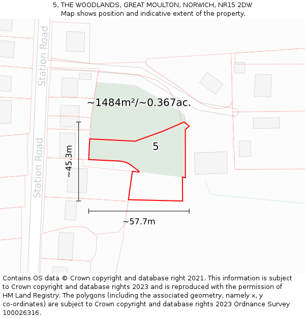 5, THE WOODLANDS, GREAT MOULTON, NORWICH, NR15 2DW: Plot and title map