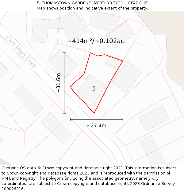 5, THOMASTOWN GARDENS, MERTHYR TYDFIL, CF47 0HZ: Plot and title map