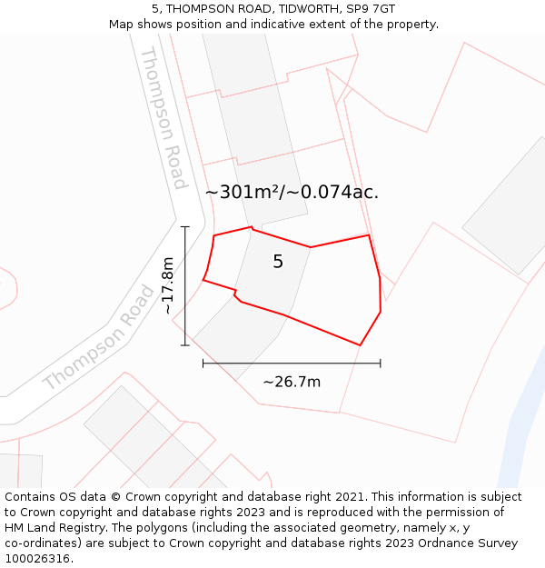 5, THOMPSON ROAD, TIDWORTH, SP9 7GT: Plot and title map