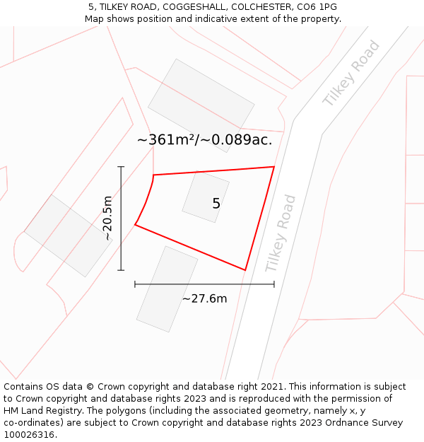 5, TILKEY ROAD, COGGESHALL, COLCHESTER, CO6 1PG: Plot and title map