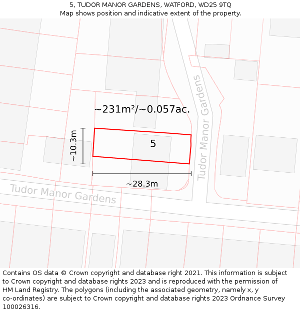 5, TUDOR MANOR GARDENS, WATFORD, WD25 9TQ: Plot and title map