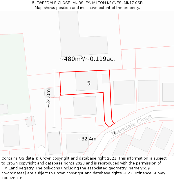 5, TWEEDALE CLOSE, MURSLEY, MILTON KEYNES, MK17 0SB: Plot and title map