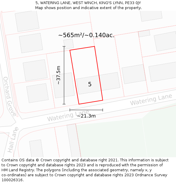 5, WATERING LANE, WEST WINCH, KING'S LYNN, PE33 0JY: Plot and title map