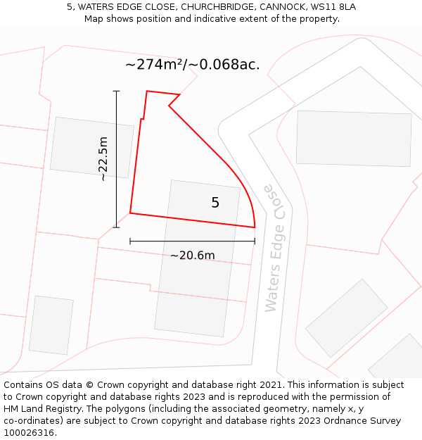 5, WATERS EDGE CLOSE, CHURCHBRIDGE, CANNOCK, WS11 8LA: Plot and title map