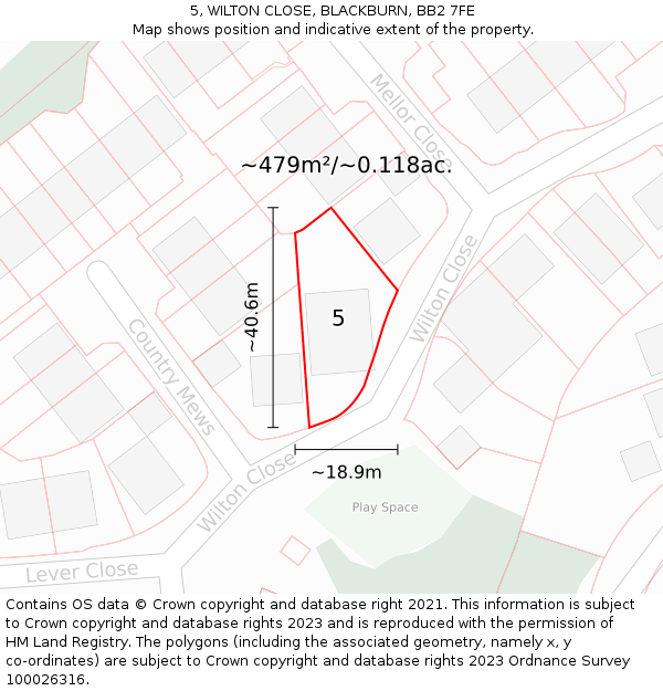 5, WILTON CLOSE, BLACKBURN, BB2 7FE: Plot and title map